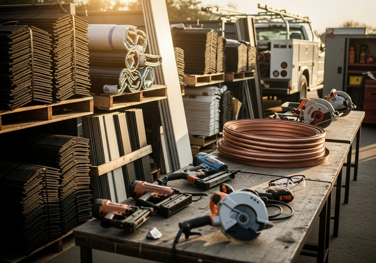 Construction crew tools and equipment staged on a job site, showcasing professional roofing and exterior renovation materials.