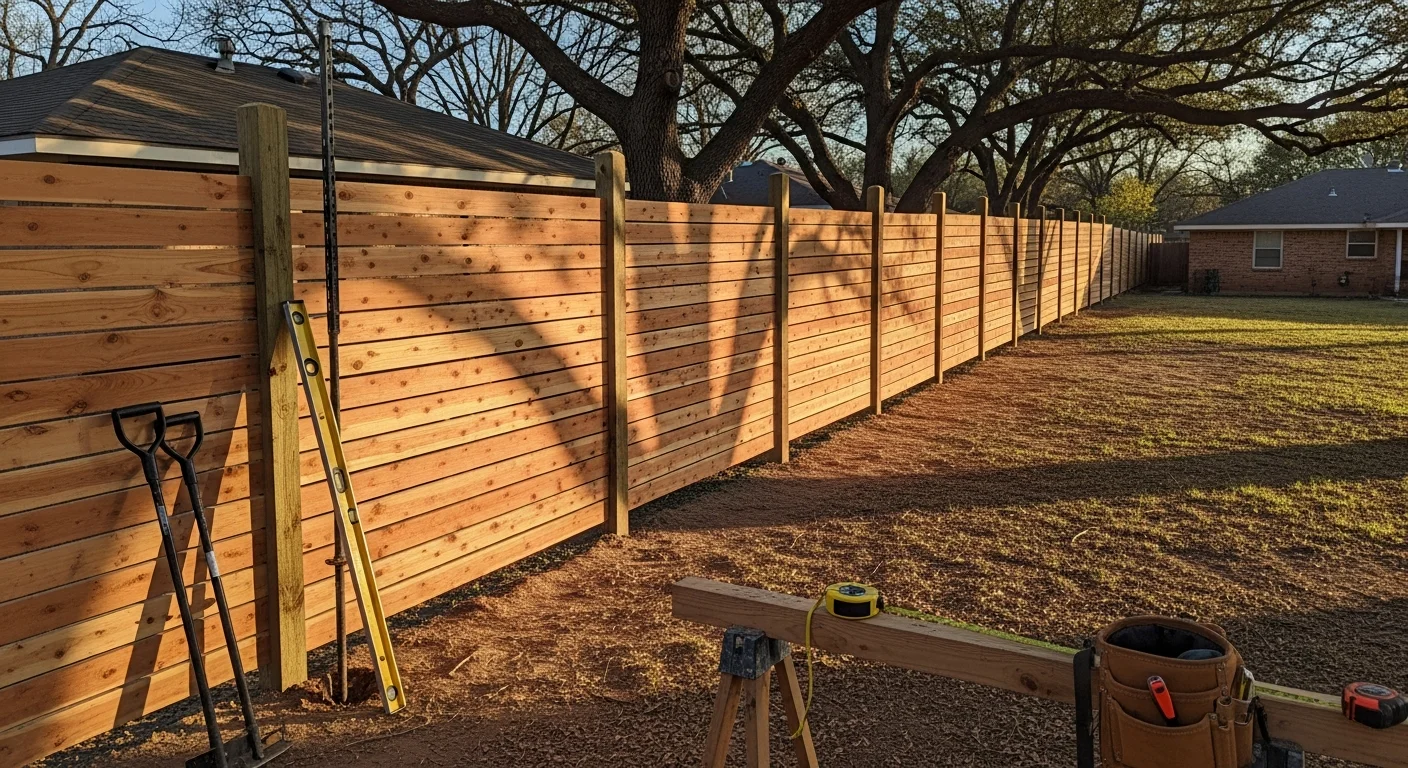 New wooden privacy fence installed in residential backyard