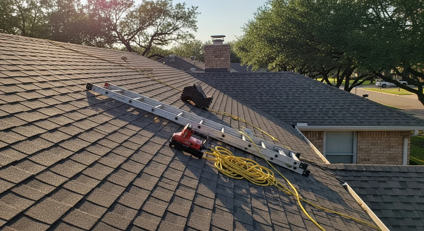Professional roofer installing shingles on residential home