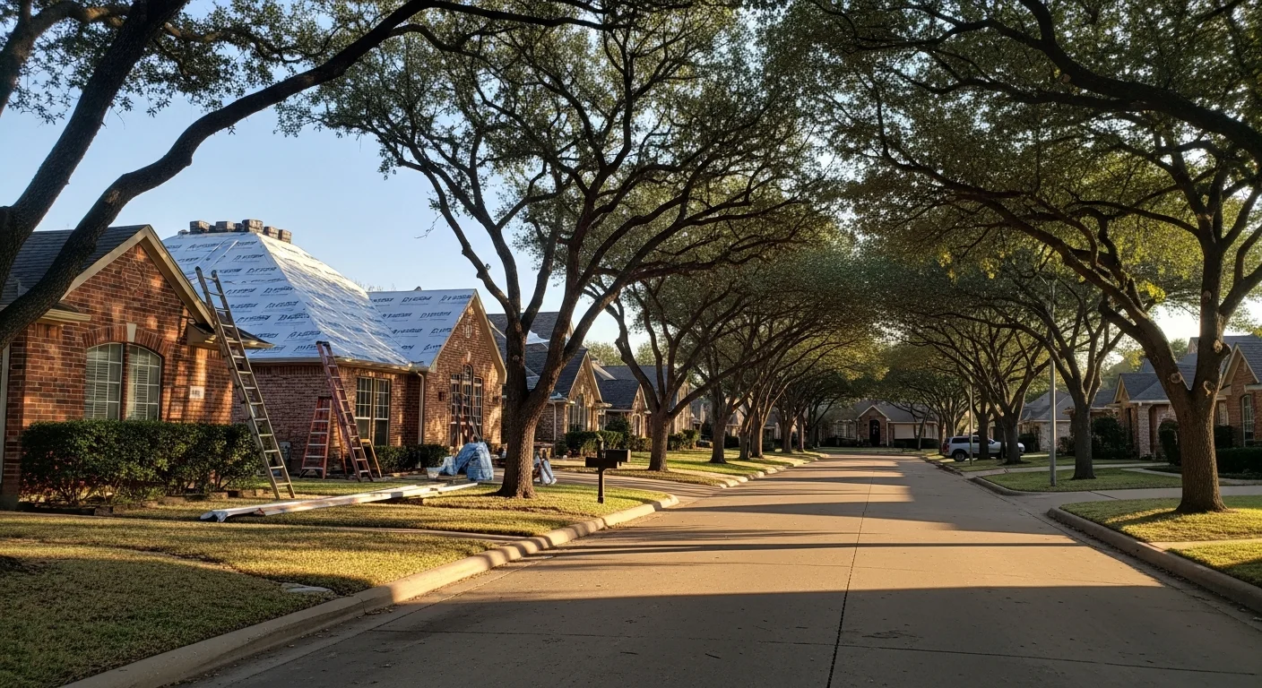 Suburban Allen street with mature trees and new residential homes, showing a mix of established and newer neighborhoods.