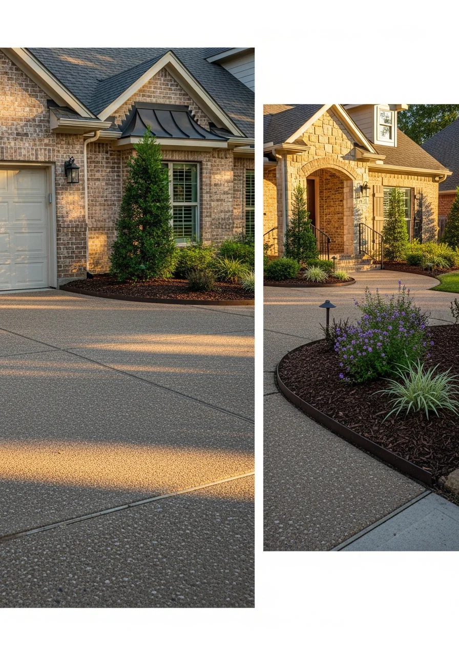 Detail shot of a Dallas home's front entrance with professional landscaping and clean driveway.