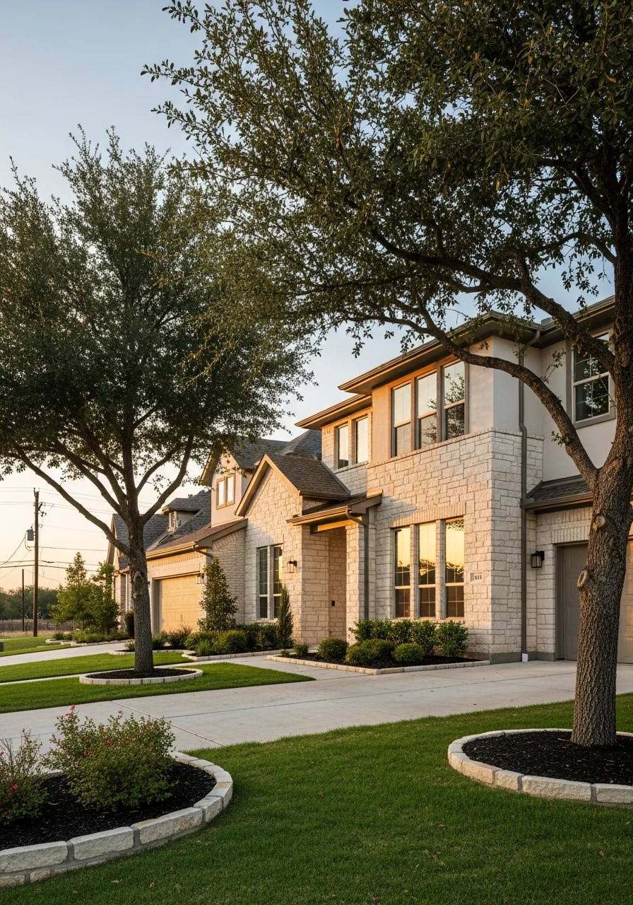 Frisco home exterior showing modern architecture and well-maintained front yard.