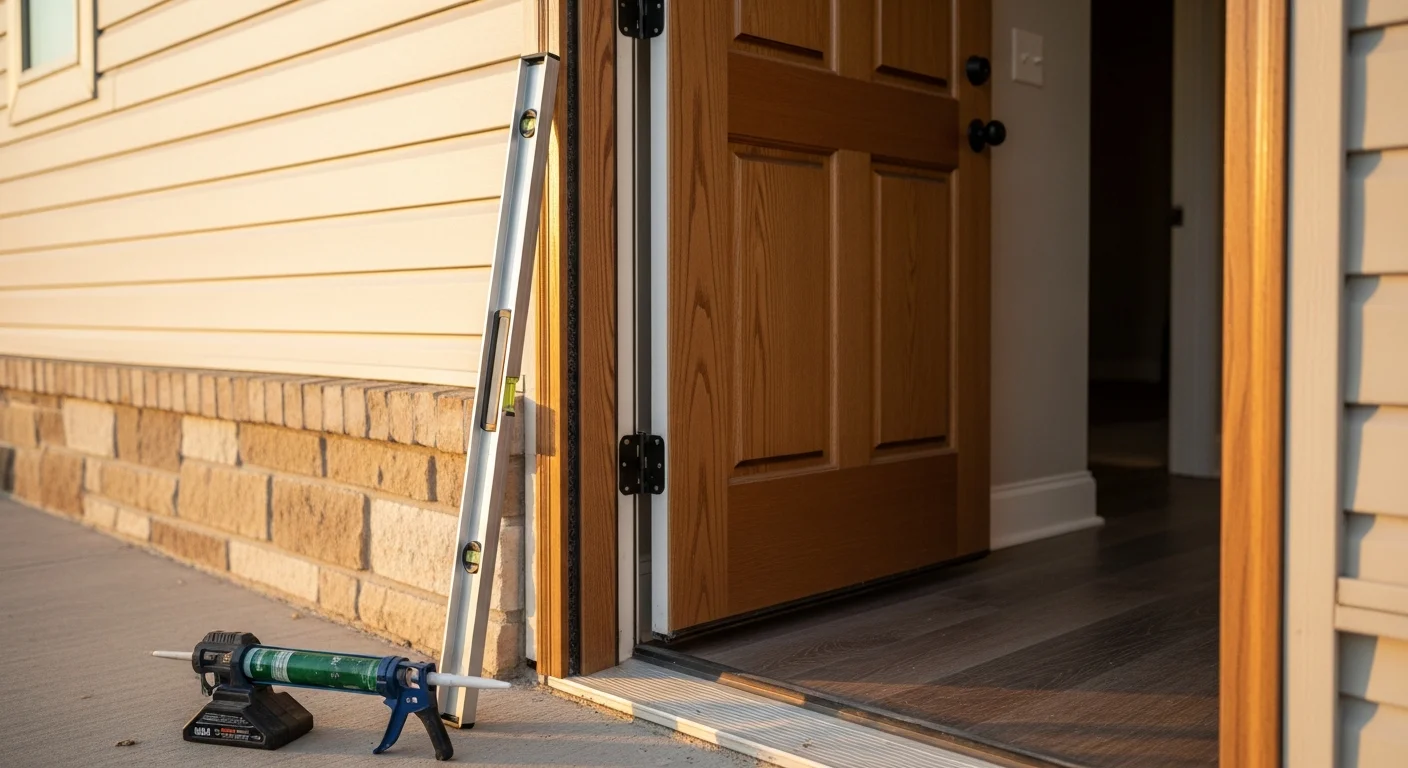 A newly installed exterior entry door on a suburban Allen, Texas home, with a clean frame, tight weatherstripping, and finished trim visible on both the interior and exterior sides. The door is set flush and level within the opening, showing a completed professional installation.