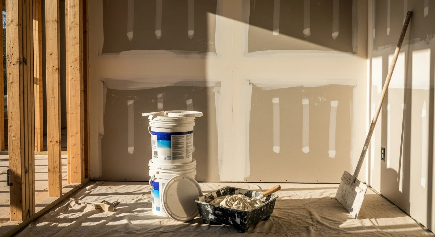 Freshly installed and taped drywall covering the walls and ceiling of a residential room in Allen, TX, with smooth joint compound applied and ready for paint. A general contractor's crew works in the background fitting panels around a window opening in a new construction home.