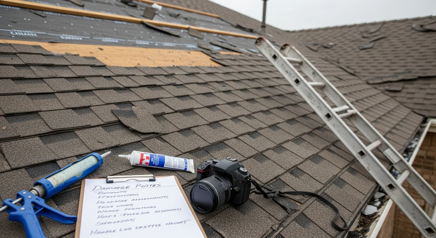 A residential roof in Allen, Texas showing hail and wind damage with lifted shingles and exposed underlayment after a North Texas storm. A roofing contractor from Vaquero Exterior and Construction inspects the damaged sections from the roof surface.