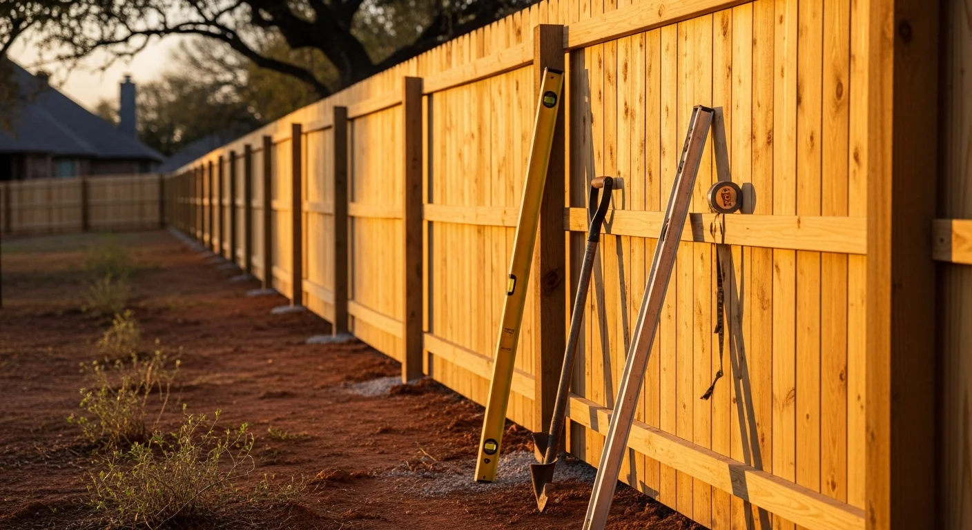 A newly installed wood privacy fence along the backyard property line of a residential home in Allen, TX, with concrete-set posts and evenly spaced boards. The fence runs the full length of the yard with a matching gate on the side of the house.
