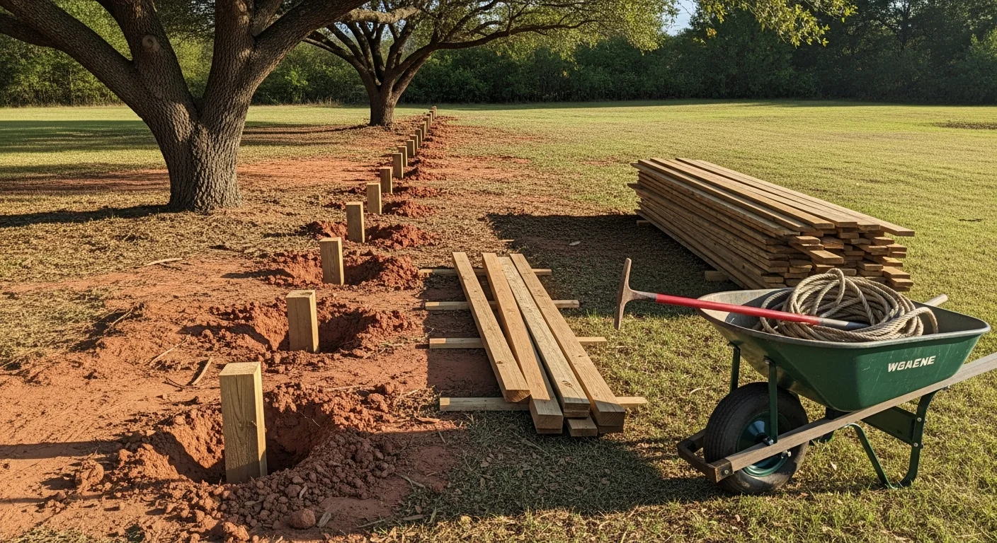 A crew from Vaquero Exterior and Construction removing an aging cedar board-on-board fence at a residential property in Allen, Texas. Post holes are cleared and fence panels are stacked for haul-off, with the backyard visible and ready for a new installation.