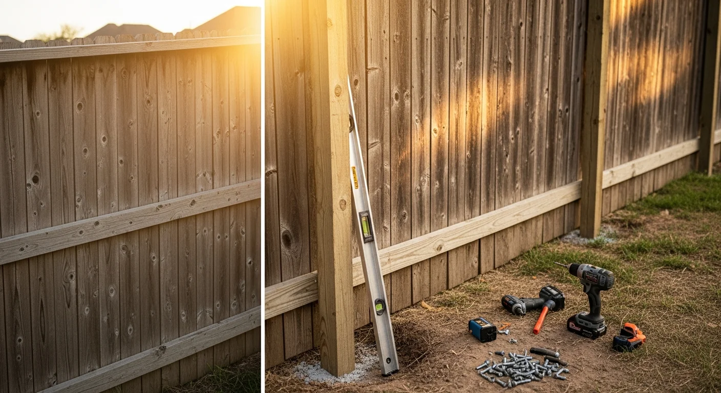 A repaired cedar privacy fence in an Allen, TX residential backyard, showing replaced boards and a straightened post blending with the existing fence line. Close view of the repaired section with consistent board alignment and clean post setting.