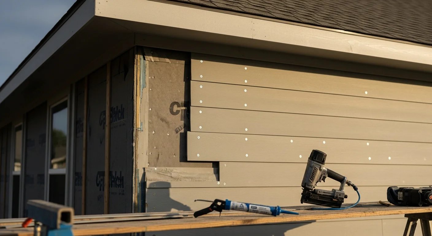 A two-story Allen, Texas home with newly installed fiber cement siding in a neutral gray tone, showing clean panel lines and fresh trim work. The exterior reflects a finished installation on a residential street typical of North Texas neighborhoods.