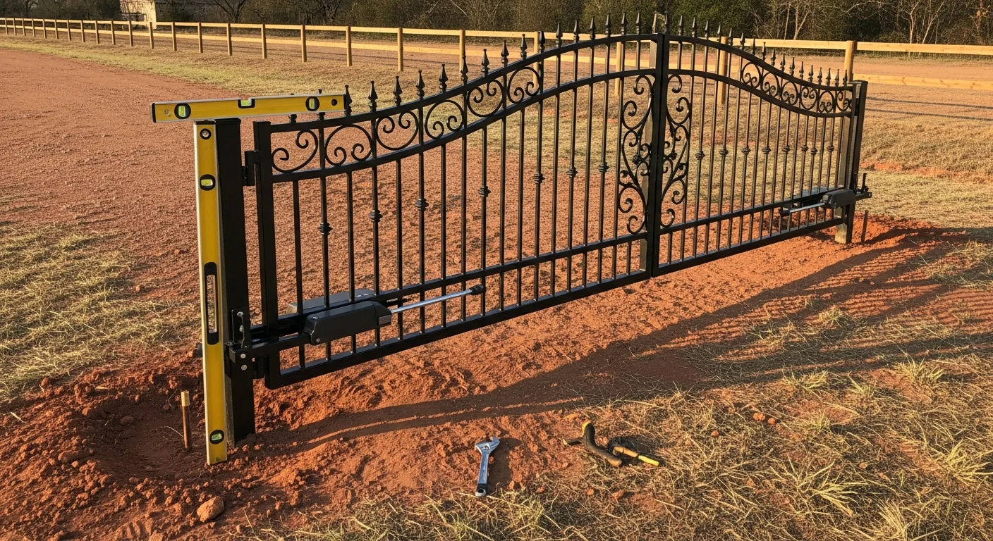 A newly installed double swing gate on a residential driveway in Allen, TX, with aligned panels, visible latch hardware, and a wood privacy fence on either side. The gate is set on concrete-anchored posts in a suburban backyard setting.