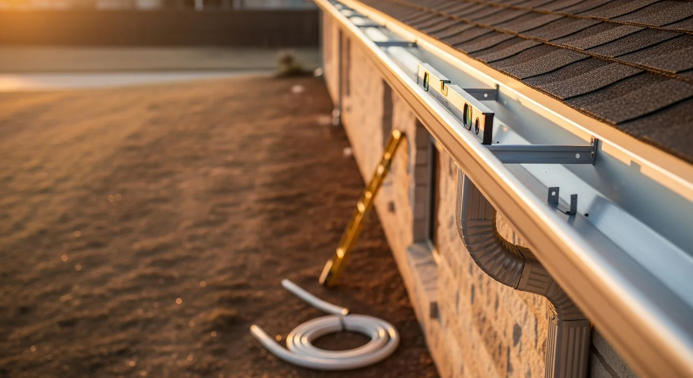 Newly installed gutters running along the roofline of a single-family home in Allen, Texas, with downspouts positioned to direct water away from the foundation. Close view shows clean gutter channels fitted flush against the fascia board on a residential exterior.