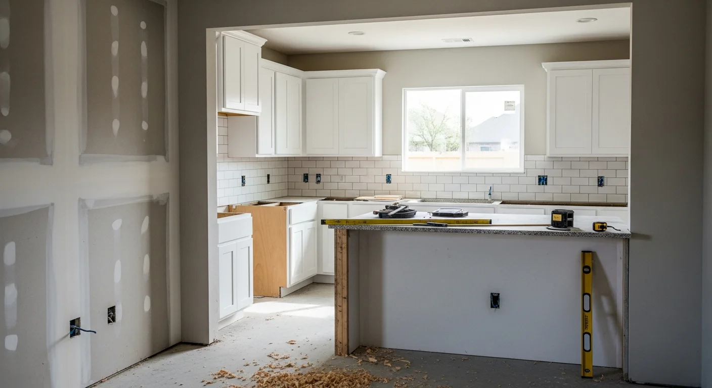 Remodeled open-concept kitchen and living area inside an Allen, TX single-family home, showing updated cabinetry, new flooring, and a removed wall creating one connected space. Work completed by Vaquero Exterior and Construction, a general contractor serving Allen.