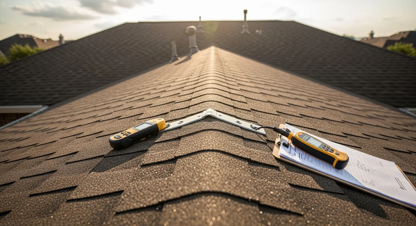 A roofing contractor from Vaquero Exterior and Construction inspecting shingles and flashing on a residential roof in Allen, Texas. Close-up view shows granule loss and ridge cap condition being assessed after a North Texas hailstorm.