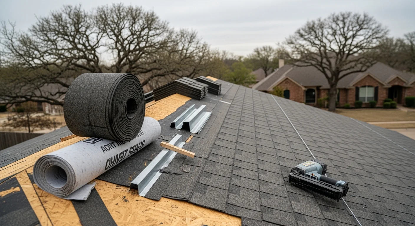 A newly installed residential roof on an Allen, TX home showing clean shingle lines, finished ridge cap, and properly seated flashing along the edges. The surrounding Collin County neighborhood is visible in the background.