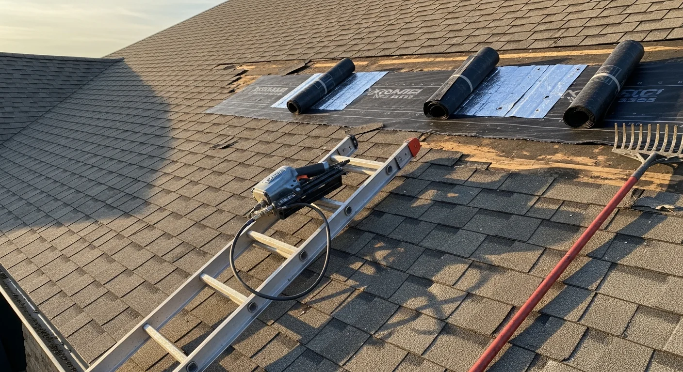 A roofing contractor from Vaquero Exterior and Construction inspecting hail-damaged shingles on a residential roof in Allen, TX. Close-up view shows cracked shingles and granule loss consistent with North Texas storm damage.