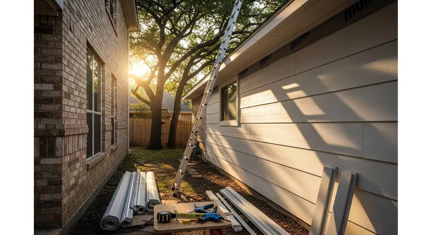 A two-story single-family home in Allen, Texas with freshly installed exterior siding replacing visibly worn and weathered panels. The completed exterior shows clean lines, consistent color, and tight seams along the wall sections facing the street.